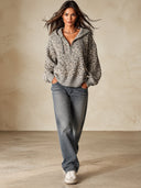 Women's Leopard Jacquard Half-Zip Pullover Sweater With Ribbed Hem ZMZ2054J8YZH