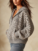 Women's Leopard Jacquard Half-Zip Pullover Sweater With Ribbed Hem ZMZ2054J8YZH