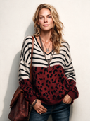 Women’s Vintage Color-Block V-Neck Knitted Pullover Sweater ZMZ2091J9SWL
