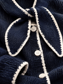 Women's Navy Blue Ribbed Tie Bow Collar Knit Cardigan ZMZ2026J1XT