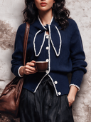 Women's Navy Blue Ribbed Tie Bow Collar Knit Cardigan ZMZ2026J1XT