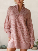 Women's Leopard Half-Zip Oversized Knit Sweater Tunic With Lace Shoulders ZMZ2097J0YZH
