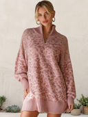 Women's Leopard Half-Zip Oversized Knit Sweater Tunic With Lace Shoulders ZMZ2097J0YZH