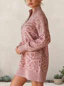 Women's Leopard Half-Zip Oversized Knit Sweater Tunic With Lace Shoulders ZMZ2097J0YZH