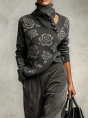 Women’s Charcoal Rose-Jacquard Knit Pullover Sweater ZMZ2018J0XT