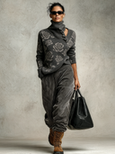 Women’s Charcoal Rose-Jacquard Knit Pullover Sweater ZMZ2018J0XT