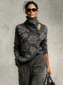 Women’s Charcoal Rose-Jacquard Knit Pullover Sweater ZMZ2018J0XT