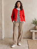 Women's Knit Cardigan With Cream Trim – Round Neck Button-Up Raglan Sleeve Sweater Jacket ZMZ2044J9YZH