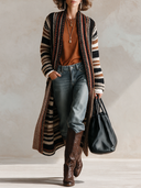 Women’s American Vintage Western Style Longline Striped Knit Cardigan With Shawl Collar In Black, Cream And Brown ZMZ2064J9ZYY