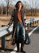 Women’s American Vintage Western Style Longline Striped Knit Cardigan With Shawl Collar In Black, Cream And Brown ZMZ2064J9ZYY