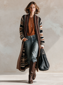 Women’s American Vintage Western Style Longline Striped Knit Cardigan With Shawl Collar In Black, Cream And Brown ZMZ2064J9ZYY