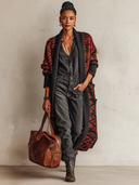 Women's Red Geometric Jacquard Loose Shawl Collar Knit Cardigan ZMZ2063J0XT