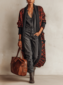 Women's Red Geometric Jacquard Loose Shawl Collar Knit Cardigan ZMZ2063J0XT