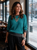 Women's Teal Waffle Knit Pullover Sweater with Contrast Charcoal Ribbed Trim, Relaxed Drop Shoulder Crewneck ZMZ2014J6ZYY