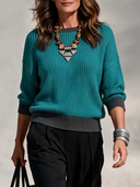 Women's Teal Waffle Knit Pullover Sweater with Contrast Charcoal Ribbed Trim, Relaxed Drop Shoulder Crewneck ZMZ2014J6ZYY