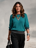 Women's Teal Waffle Knit Pullover Sweater with Contrast Charcoal Ribbed Trim, Relaxed Drop Shoulder Crewneck ZMZ2014J6ZYY