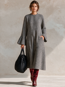 Women’s French-Style Vintage Elegance Houndstooth Maxi Dress With Bell Sleeves, Round Neck A-Line Long Sleeve Dress ZMZ2043J3ZYY