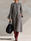Women’s French-Style Vintage Elegance Houndstooth Maxi Dress With Bell Sleeves, Round Neck A-Line Long Sleeve Dress ZMZ2043J3ZYY