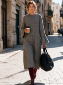 Women’s French-Style Vintage Elegance Houndstooth Maxi Dress With Bell Sleeves, Round Neck A-Line Long Sleeve Dress ZMZ2043J3ZYY