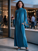 Women’s French-Style Vintage Elegance Teal Blue Velvet Maxi Dress With Funnel Neck, Bell Sleeves And Embroidered Cuffs ZMZ2060J2ZYY