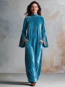 Women’s French-Style Vintage Elegance Teal Blue Velvet Maxi Dress With Funnel Neck, Bell Sleeves And Embroidered Cuffs ZMZ2060J2ZYY