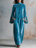 Women’s French-Style Vintage Elegance Teal Blue Velvet Maxi Dress With Funnel Neck, Bell Sleeves And Embroidered Cuffs ZMZ2060J2ZYY