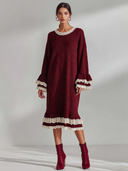 Women’s French-Style Vintage Elegance Burgundy Ribbed Knit Midi Dress With Cream Lace Trim, Bell Sleeves And Ruffle Hem ZMZ2069J4ZYY