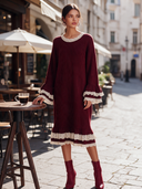 Women’s French-Style Vintage Elegance Burgundy Ribbed Knit Midi Dress With Cream Lace Trim, Bell Sleeves And Ruffle Hem ZMZ2069J4ZYY