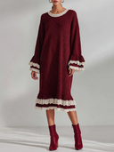 Women’s French-Style Vintage Elegance Burgundy Ribbed Knit Midi Dress With Cream Lace Trim, Bell Sleeves And Ruffle Hem ZMZ2069J4ZYY