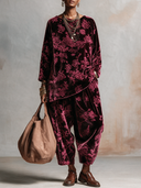 Women’s Classic Retro Casual Burgundy Rose Floral Velvet Two-Piece Set – Oversized Long Sleeve Tunic Top & Relaxed Harem Pants ZMZ2013J3ZYY