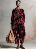 Women’s Classic Retro Casual Burgundy Rose Floral Velvet Two-Piece Set – Oversized Long Sleeve Tunic Top & Relaxed Harem Pants ZMZ2013J3ZYY