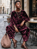 Women’s Classic Retro Casual Burgundy Rose Floral Velvet Two-Piece Set – Oversized Long Sleeve Tunic Top & Relaxed Harem Pants ZMZ2013J3ZYY