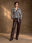 Women’s Black And White Houndstooth Double-Breasted Short Trench Jacket ZMZ2192J3XT