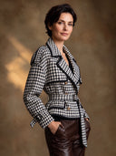 Women’s Black And White Houndstooth Double-Breasted Short Trench Jacket ZMZ2192J3XT