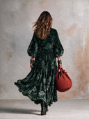 Women's Elegant Vintage Style Dark Green Velvet Floral Maxi Dress With Balloon Sleeves And Tiered Skirt ZMZ2122J1ZYY