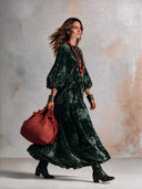 Women's Elegant Vintage Style Dark Green Velvet Floral Maxi Dress With Balloon Sleeves And Tiered Skirt ZMZ2122J1ZYY