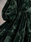 Women's Elegant Vintage Style Dark Green Velvet Floral Maxi Dress With Balloon Sleeves And Tiered Skirt ZMZ2122J1ZYY