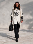 Women’s American Retro Casual Style Knit Cardigan With Black Snowflake Pattern And Asymmetric Button Front ZMZ2155J5ZYY