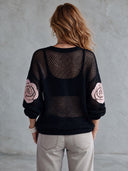 Women’s French-inspired Elegance Black Open-Knit Crew Neck Pullover Sweater With Pink Rose , Oversized Long Sleeve ZMZ2153J5ZYY
