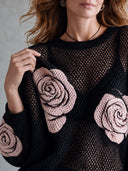 Women’s French-inspired Elegance Black Open-Knit Crew Neck Pullover Sweater With Pink Rose , Oversized Long Sleeve ZMZ2153J5ZYY