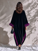 Women’s Elegant Vintage-Style Black Velvet Caftan Party Dress With Purple Faux Fur Cuffs And Velvet Trim ZMZ2193J9ZYY