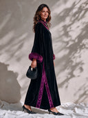 Women’s Elegant Vintage-Style Black Velvet Caftan Party Dress With Purple Faux Fur Cuffs And Velvet Trim ZMZ2193J9ZYY