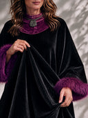Women’s Elegant Vintage-Style Black Velvet Caftan Party Dress With Purple Faux Fur Cuffs And Velvet Trim ZMZ2193J9ZYY