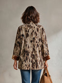Women’s Classic American Casual Taupe Brown Spotted Print Velvet Jacket With Asymmetric Button Front And Turn-Back Cuffs ZMZ2178J1ZYY