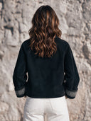 Women’s American Retro Casual Style Black Faux Suede Button-Front Jacket With Embroidery Cuff Trim ZMZ2168J3ZYY