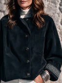 Women’s American Retro Casual Style Black Faux Suede Button-Front Jacket With Embroidery Cuff Trim ZMZ2168J3ZYY