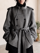 Women's Houndstooth Belted Double-Breasted Coat With Stand Collar And Epaulettes ZMZ2117J9YZH