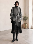 Women's Houndstooth Belted Double-Breasted Coat With Stand Collar And Epaulettes ZMZ2117J9YZH