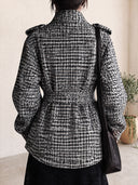 Women's Houndstooth Belted Double-Breasted Coat With Stand Collar And Epaulettes ZMZ2117J9YZH