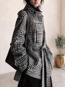 Women's Houndstooth Belted Double-Breasted Coat With Stand Collar And Epaulettes ZMZ2117J9YZH